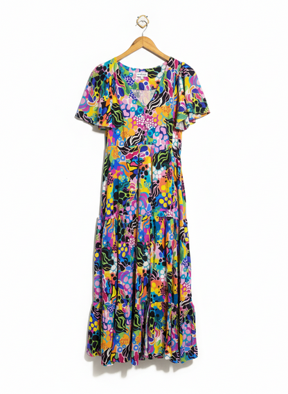 PROUD POPPY |M| BUST 19| C3| VIBRANT MULTICOLOR ABSTRACT GEOMETRIC TIERED MAXI DRESS