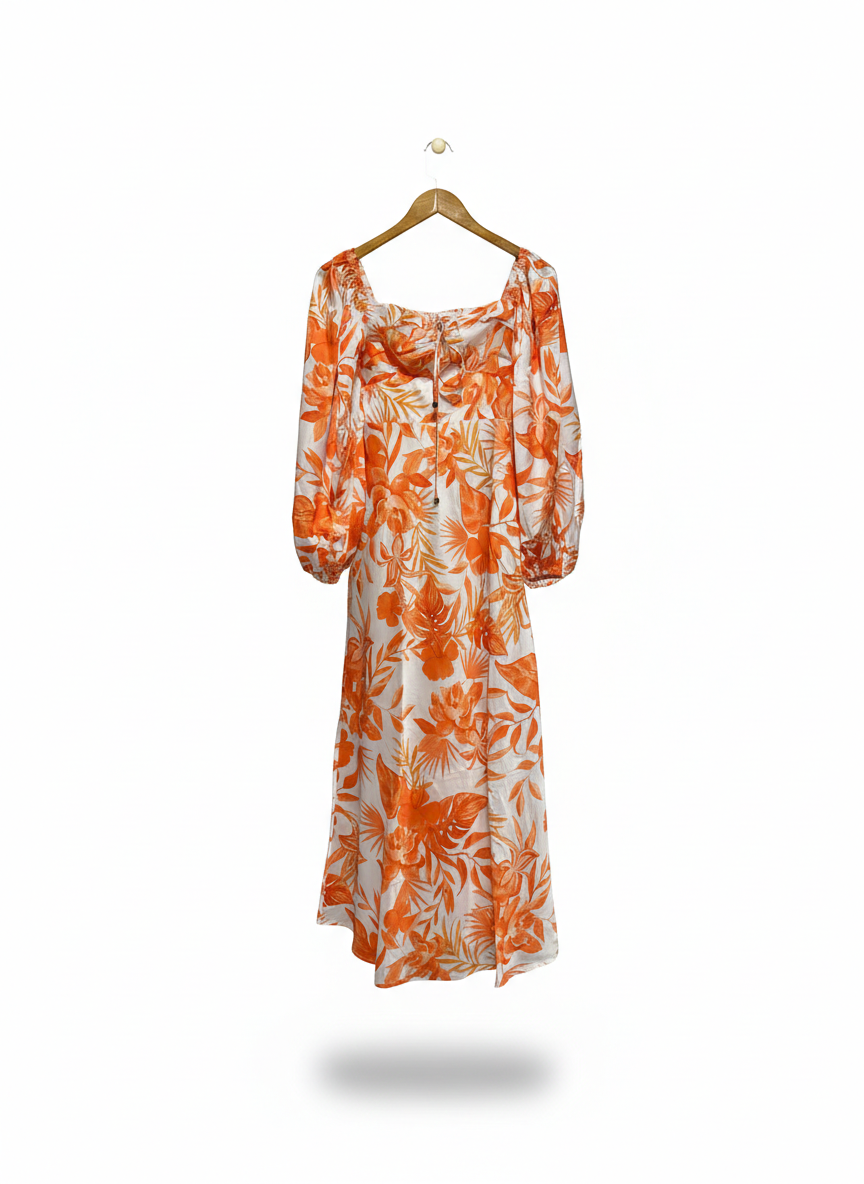 MIKA & GALA |XS| BUST 14| B3| ORANGE AND WHITE FLORAL DRESS LONG PUFF SLEEVES,