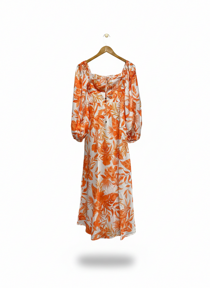 MIKA & GALA |XS| BUST 14| B3| ORANGE AND WHITE FLORAL DRESS LONG PUFF SLEEVES,