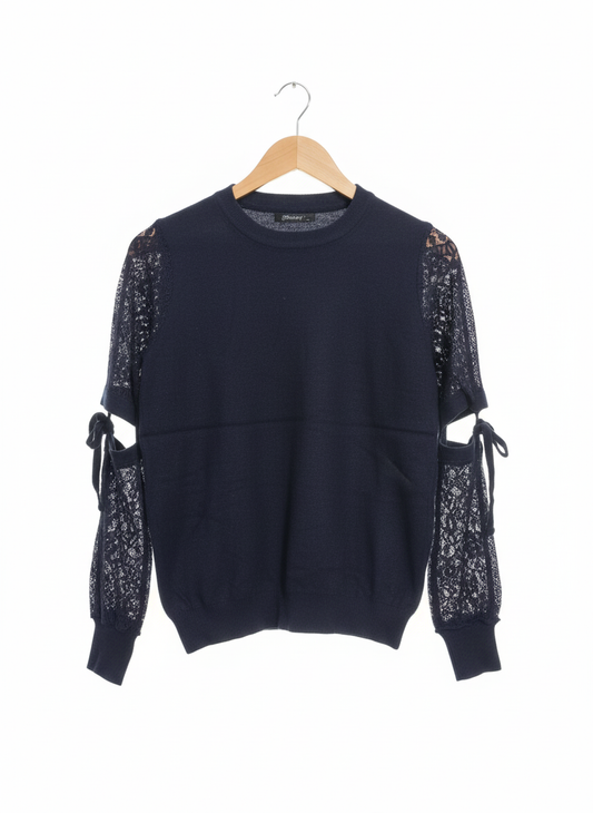 FINERY Black Knitted Lace Sleeve Jumper