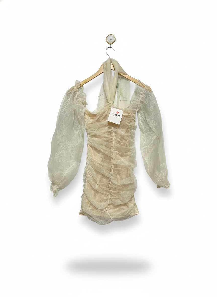 A M R FASHION |S| BUST 12|  SHEER RUCHED MINI DRESS WITH BALLOON SLEEVES