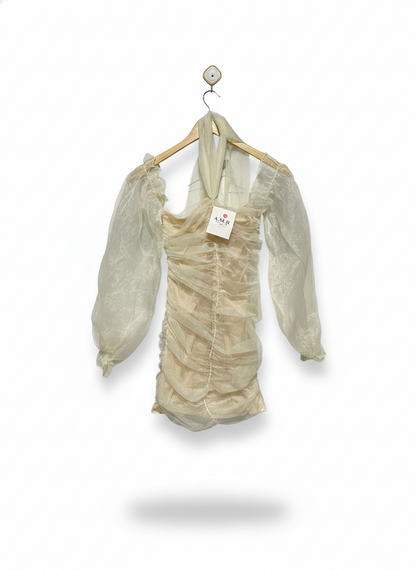 A M R FASHION |S| BUST 12|  SHEER RUCHED MINI DRESS WITH BALLOON SLEEVES
