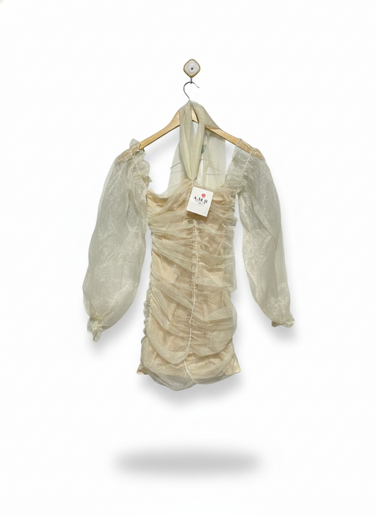 A M R FASHION |S| BUST 12|  SHEER RUCHED MINI DRESS WITH BALLOON SLEEVES