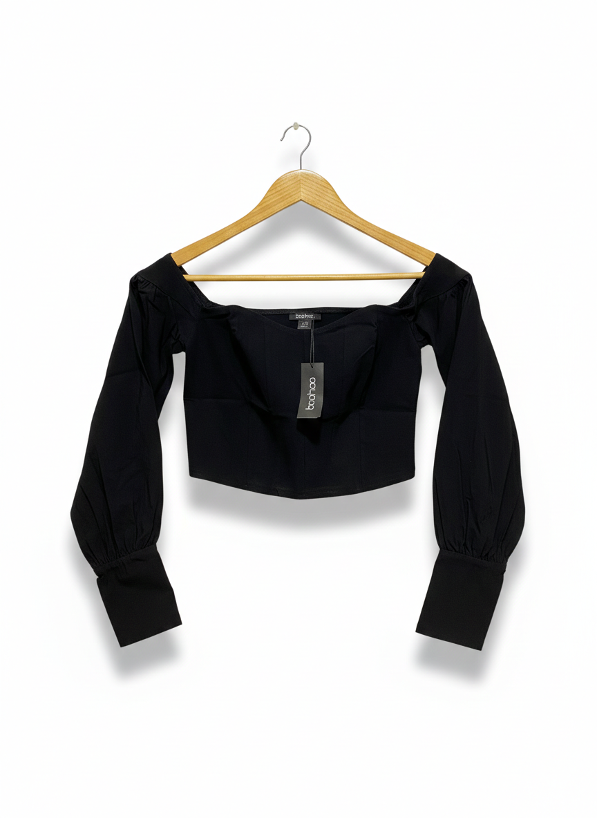 BOOHOO |S| BUST 14| BLACK OFF-THE-SHOULDER CORSET CROP TOP