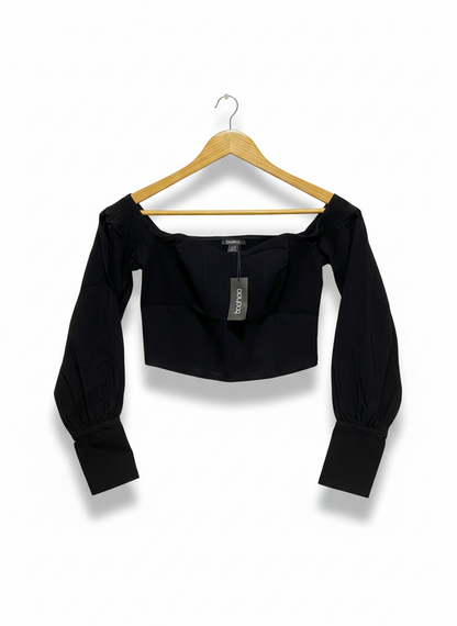 BOOHOO |S| BUST 14| BLACK OFF-THE-SHOULDER CORSET CROP TOP
