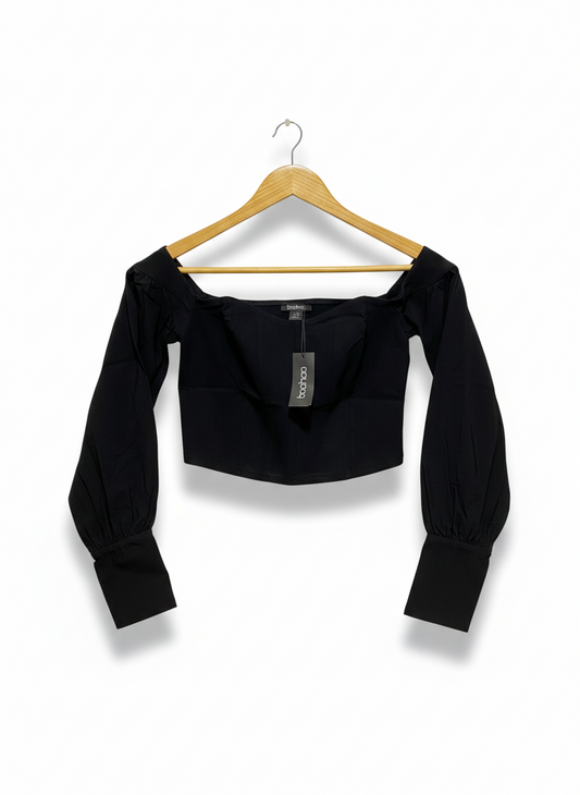 BOOHOO |S| BUST 14| BLACK OFF-THE-SHOULDER CORSET CROP TOP