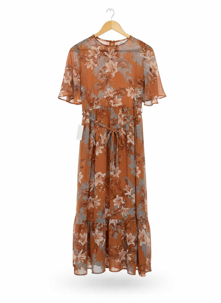 ANKO |M| BUST 17| RUST ORANGE FLORAL PRINT MAXI DRESS WITH WAIST TIE