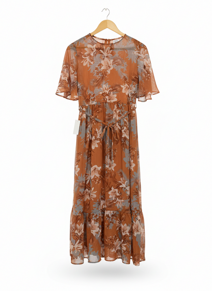 ANKO |M| BUST 17| RUST ORANGE FLORAL PRINT MAXI DRESS WITH WAIST TIE