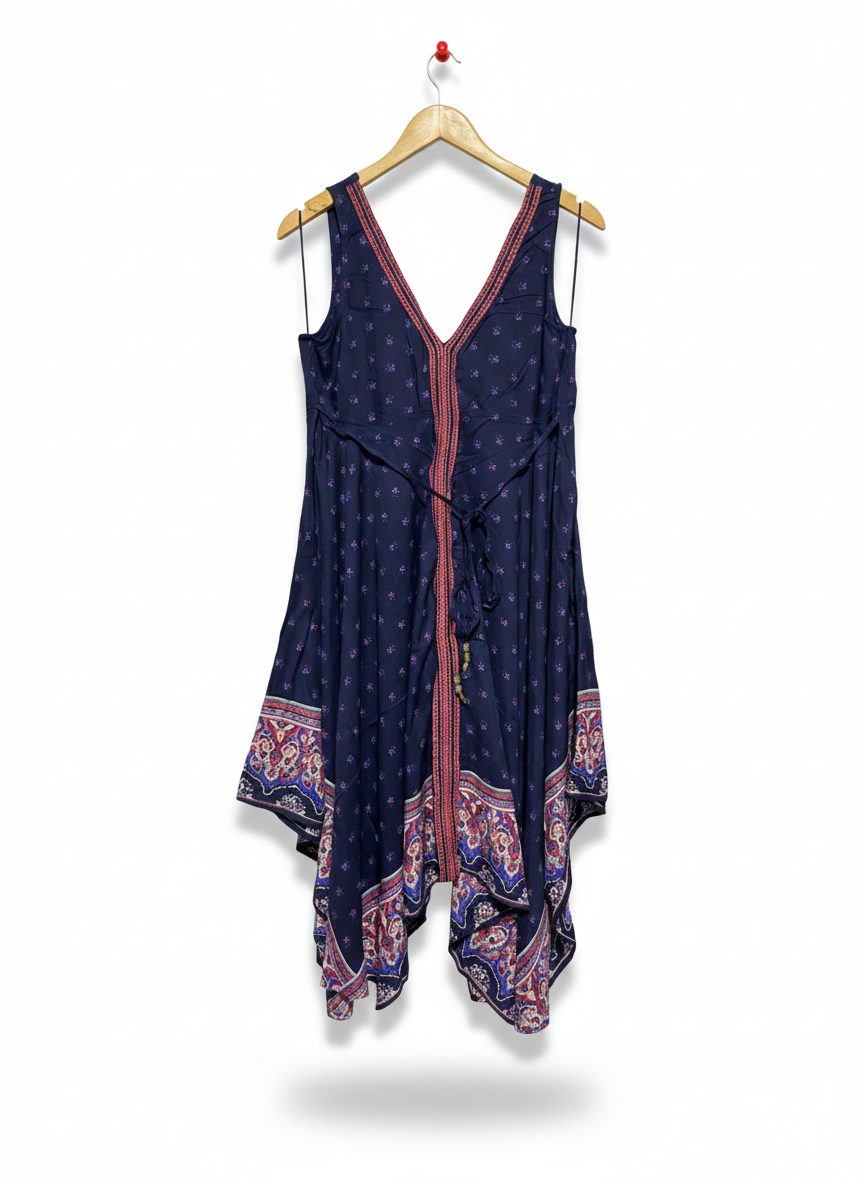 MONSOON |M| BUST 18| BOHEMIAN NAVY HANKERCHIEF HEM MIDI DRESS