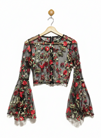 SHEIN |L| BUST 18| WOMEN'S SHEER BLACK MESH CROP TOP WITH RED FLORAL EMBROIDERY AND BELL SLEEVES