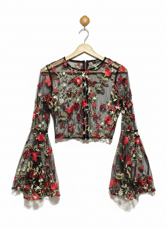 SHEIN |L| BUST 18| WOMEN'S SHEER BLACK MESH CROP TOP WITH RED FLORAL EMBROIDERY AND BELL SLEEVES