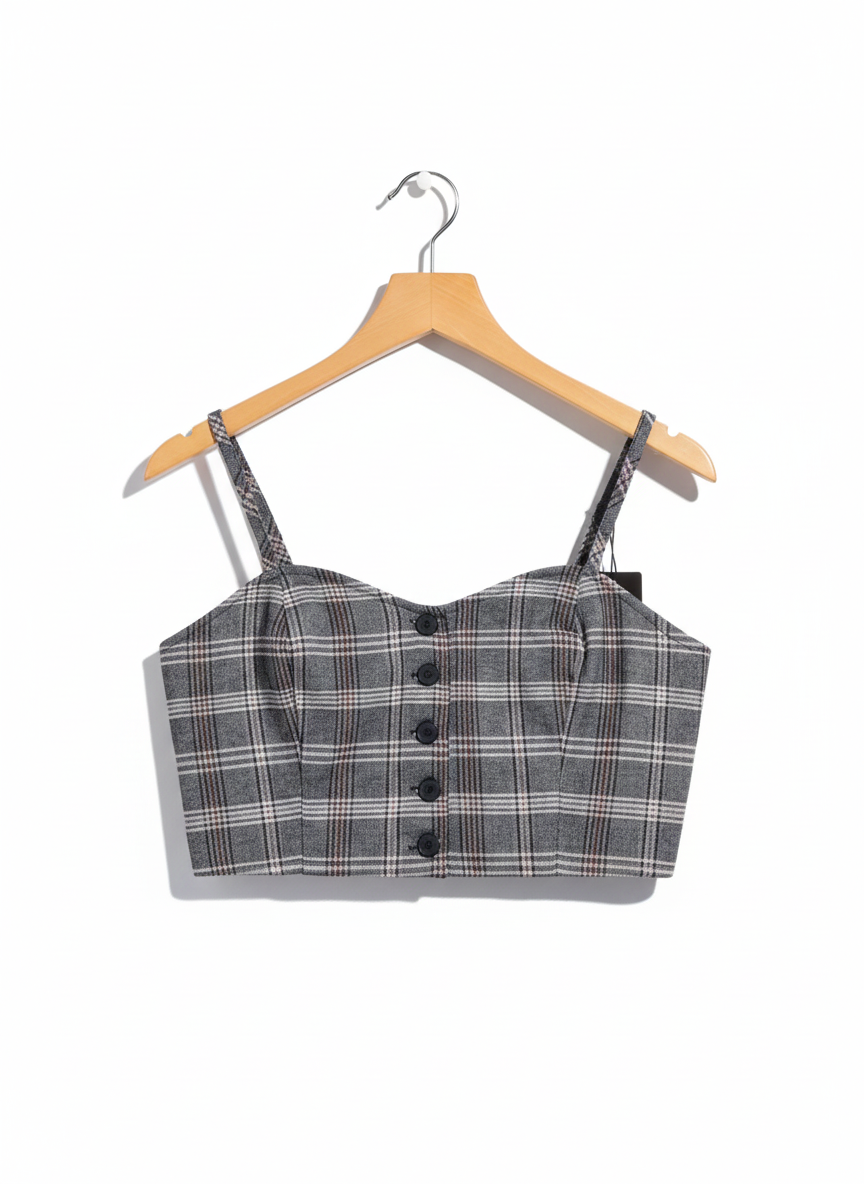 Grey Plaid Button Front Crop Top|S |BUST 14