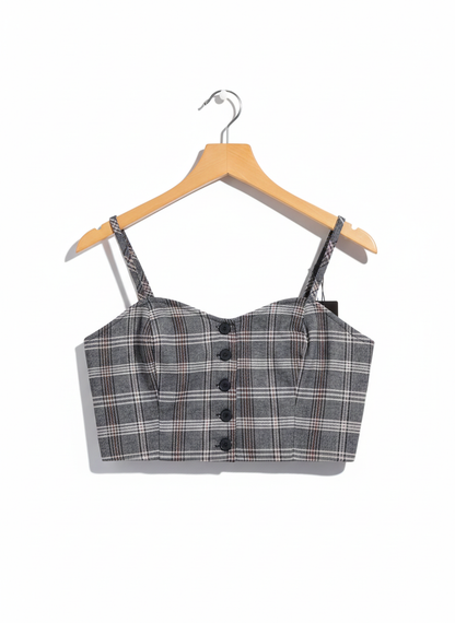 Grey Plaid Button Front Crop Top|S |BUST 14