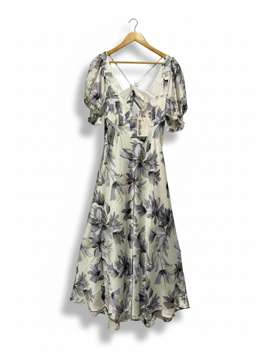 INDIKAH|L/XL|BUST 16| FLORAL PUFF SLEEVE MIDI DRESS