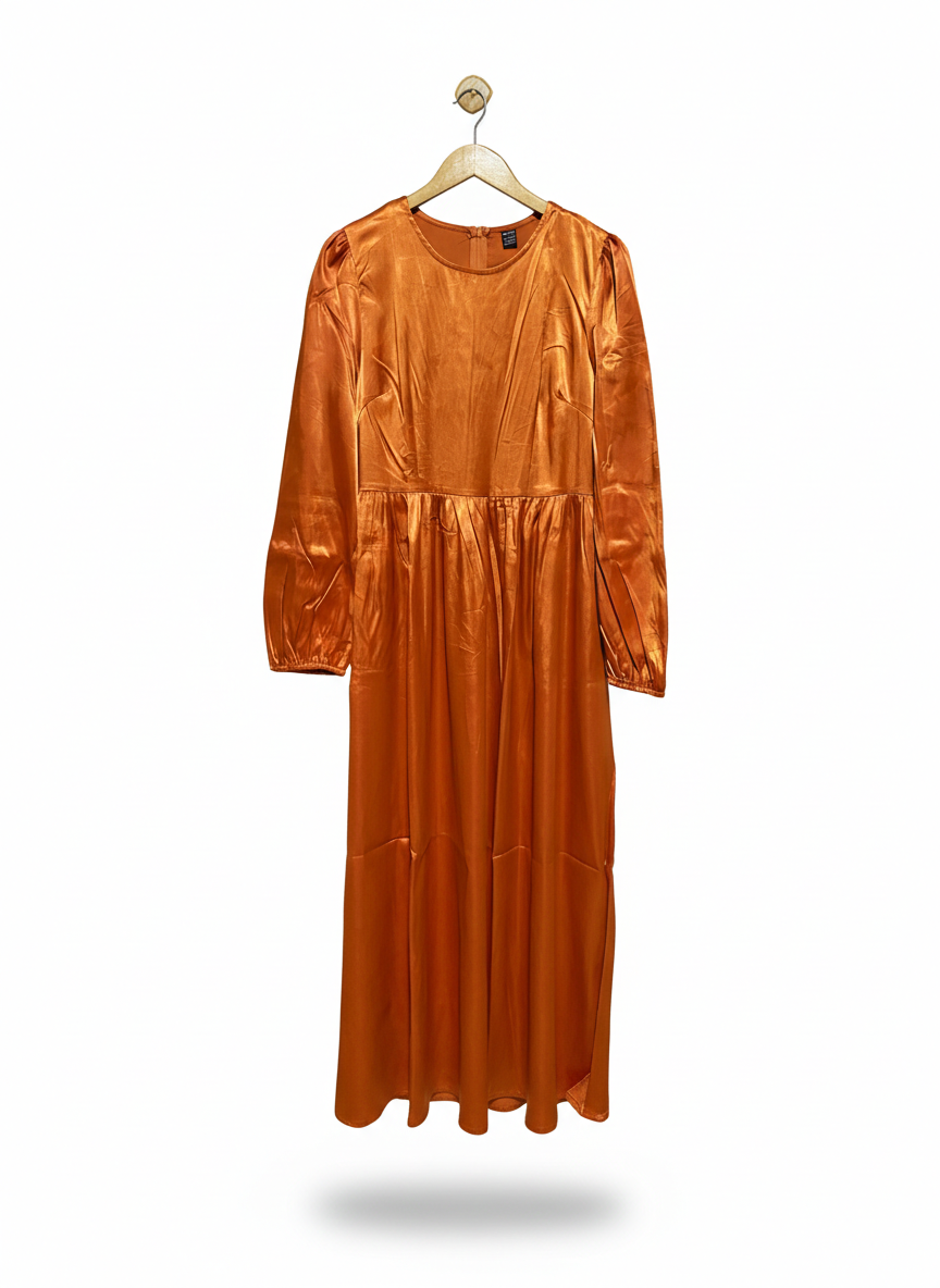 SHEIN |L| BUST 18| C5| WOMEN'S METALLIC BRONZE SATIN LONG SLEEVE MAXI DRESS WITH GATHERED EMPIRE WAIST