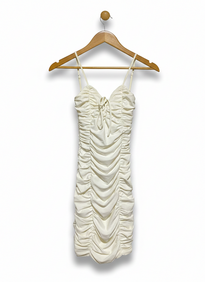 TIGER MIST |XS| BUST 11| C5|OFF-WHITE RUCHED MINI DRESS - CHIC ADJUSTABLE STRAP BODYCON PARTY DRESS WITH TIE-FRONT DETAIL