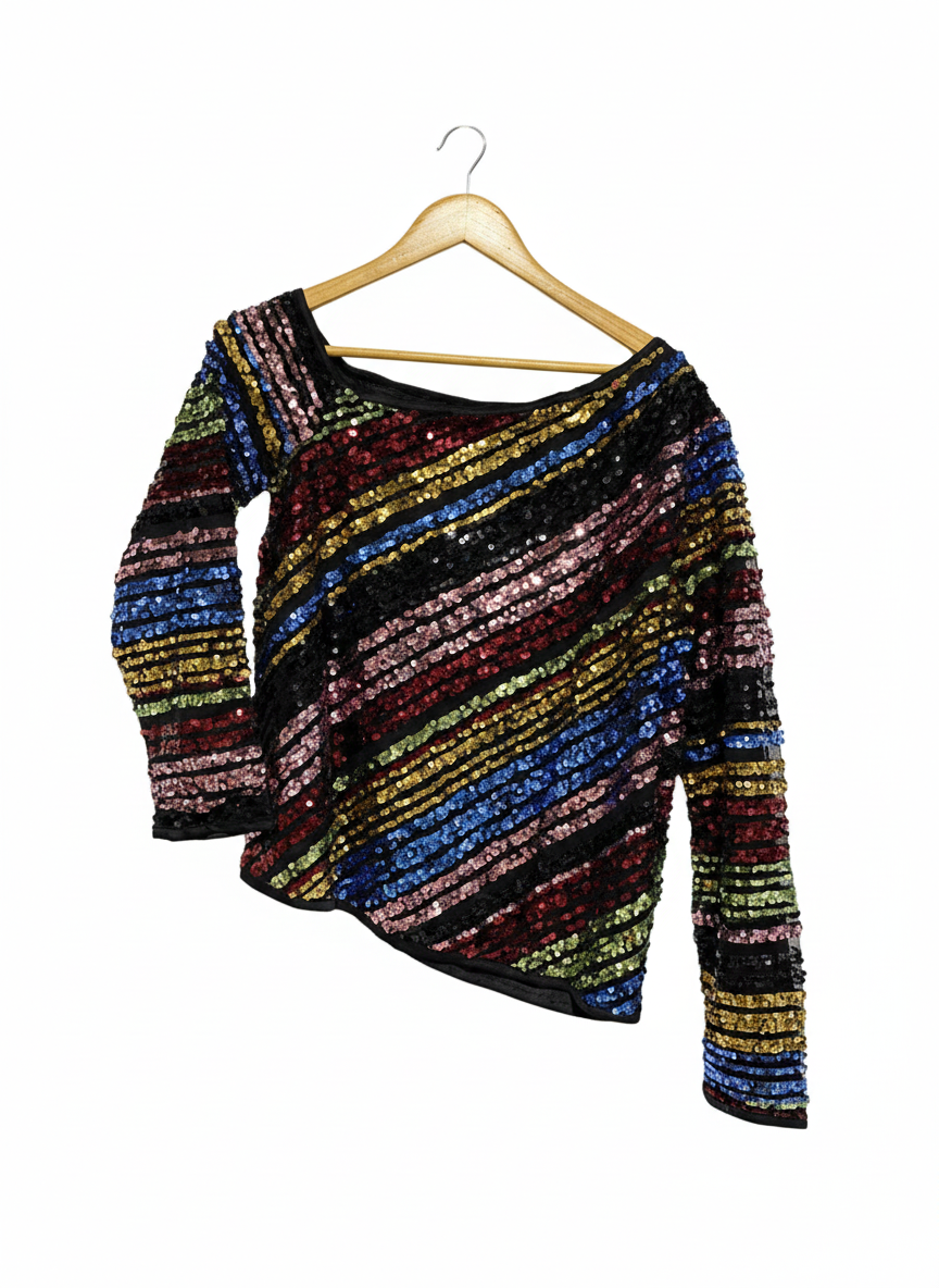 RAINBOW STRIPED SEQUIN ASYMMETRICAL TOP|S/M|BUST 19