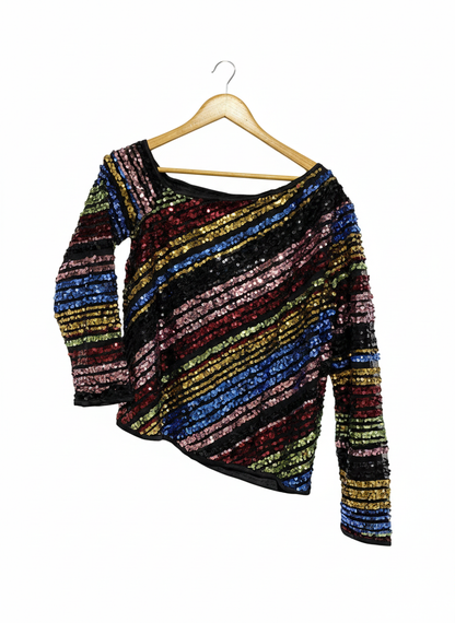 RAINBOW STRIPED SEQUIN ASYMMETRICAL TOP|S/M|BUST 19