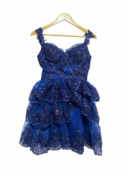 ROYAL BLUE SEQUIN LACE TIERED MINI DRESS| S |BUST 15