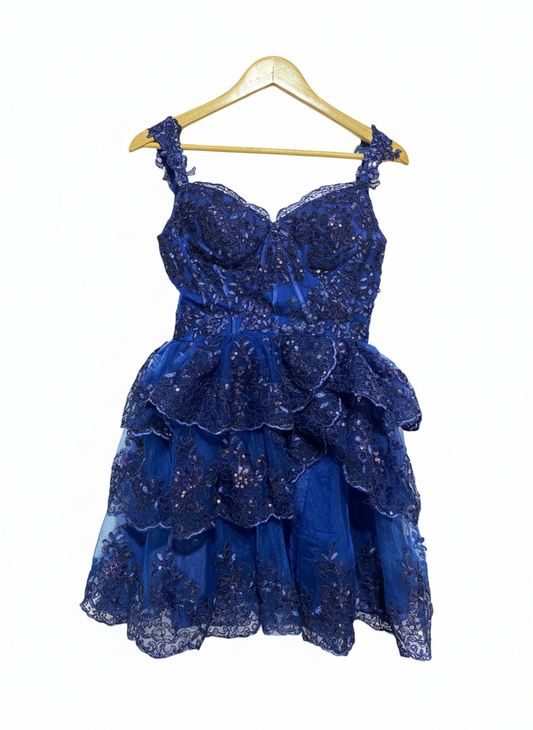 ROYAL BLUE SEQUIN LACE TIERED MINI DRESS| S |BUST 15
