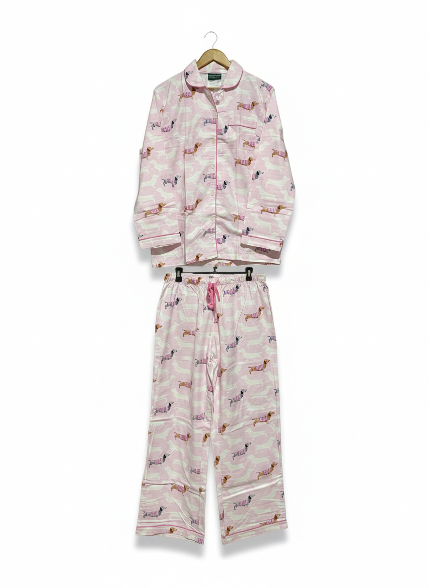 MORGAN & FINCH  |M| PLAYFUL PINK DACHSHUND PRINT PAJAMA SET - BUTTON-DOWN TOP & ELASTIC WAIST PANTS