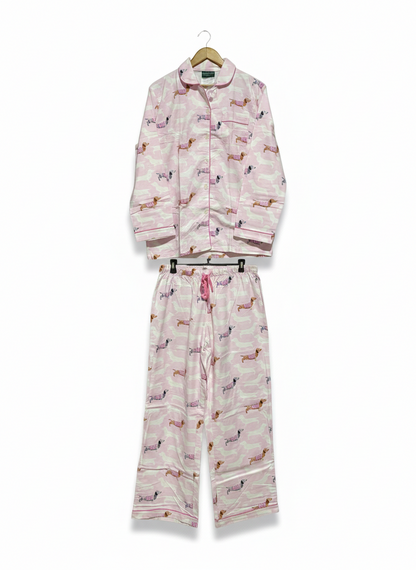 MORGAN & FINCH  |M| PLAYFUL PINK DACHSHUND PRINT PAJAMA SET - BUTTON-DOWN TOP & ELASTIC WAIST PANTS