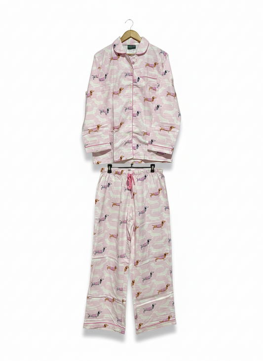 MORGAN & FINCH  |M| PLAYFUL PINK DACHSHUND PRINT PAJAMA SET - BUTTON-DOWN TOP & ELASTIC WAIST PANTS