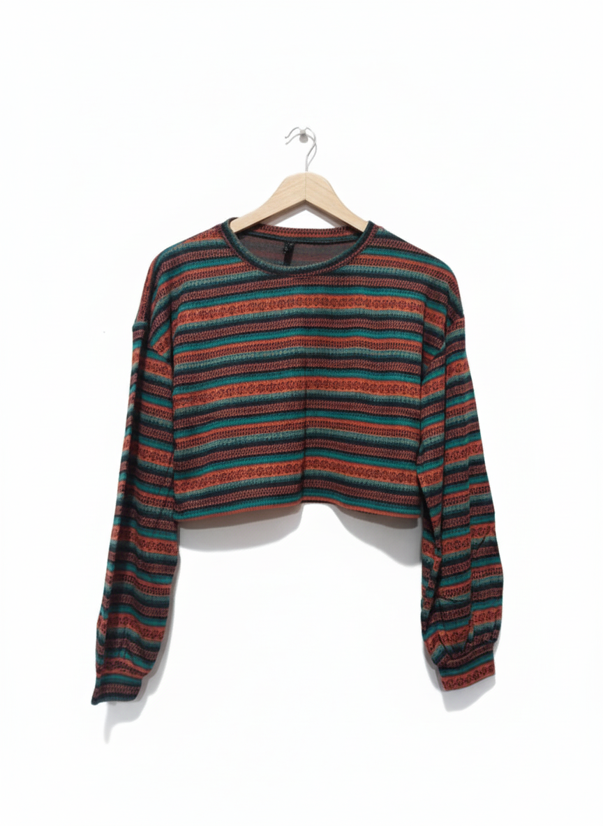 ZAFUL Women's Tribal Ethnic Graphic Cropped Knitwear Bohemian Long Sleeve Pullover Sweater Boho Drop Shoulder Knitted Top
