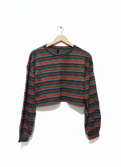 ZAFUL Women's Tribal Ethnic Graphic Cropped Knitwear Bohemian Long Sleeve Pullover Sweater Boho Drop Shoulder Knitted Top