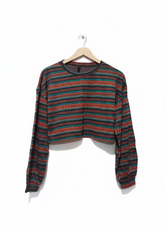 ZAFUL Women's Tribal Ethnic Graphic Cropped Knitwear Bohemian Long Sleeve Pullover Sweater Boho Drop Shoulder Knitted Top