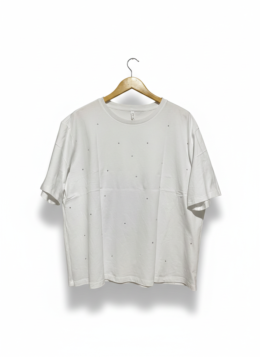 & ME |L| BUST 25|B14| WHITE SHORT SLEEVE RHINESTONE EMBELLISHED CREWNECK T-SHIRT