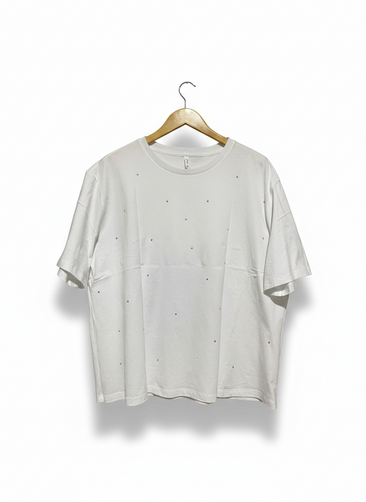 & ME |L| BUST 25|B14| WHITE SHORT SLEEVE RHINESTONE EMBELLISHED CREWNECK T-SHIRT