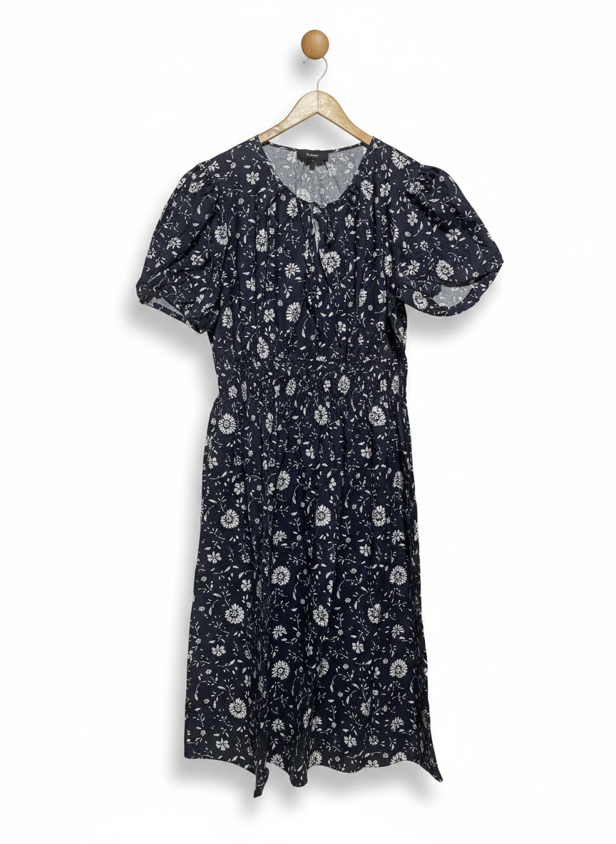 BASQUE |XL| BUST 21| NAVY FLORAL PUFF-SLEEVE MIDI DRESS