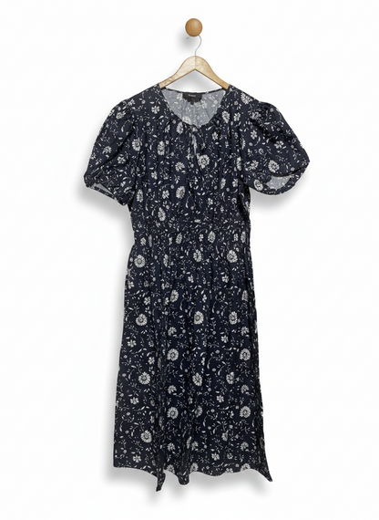 BASQUE |XL| BUST 21| NAVY FLORAL PUFF-SLEEVE MIDI DRESS