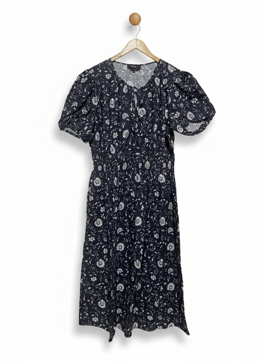 BASQUE |XL| BUST 21| NAVY FLORAL PUFF-SLEEVE MIDI DRESS