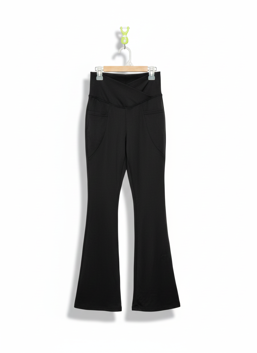 BLACK HIGH-WAISTED CROSSOVER FLARE LEGGINGS |XS/S|WAIST 22
