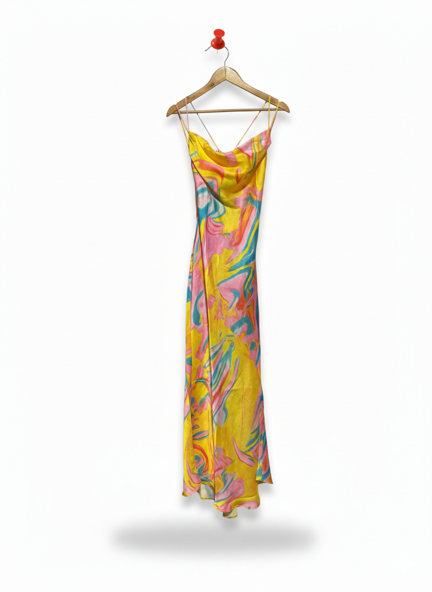 SAINTS & SECRETS |S| BUST 17| VIBRANT ABSTRACT PRINT SATIN COWL-NECK MAXI DRESS
