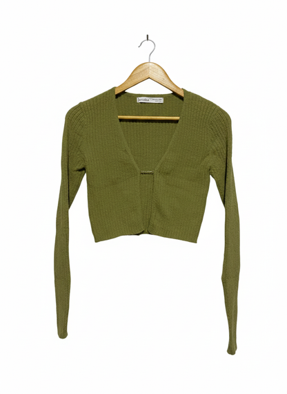 BERSHKA| M |BUST 16| OLIVE GREEN RIBBED CROPPED CARDIGAN