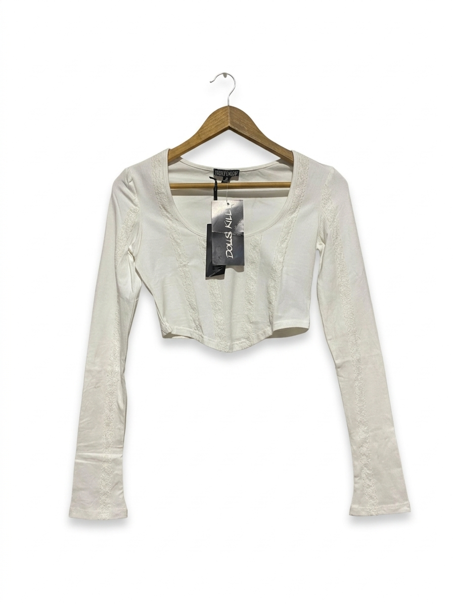 CURRENT MOOD |S| BUST 16 |B7| DOLLS KILL WHITE LACE PANEL LONG SLEEVE CORSET STYLE CROP TOP