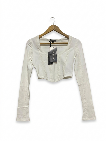 CURRENT MOOD |S| BUST 16 |B7| DOLLS KILL WHITE LACE PANEL LONG SLEEVE CORSET STYLE CROP TOP