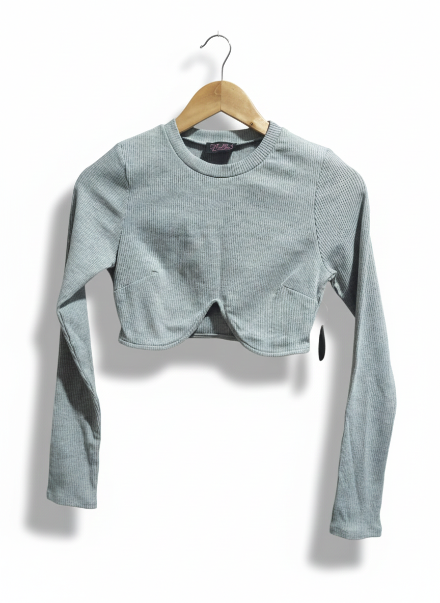 HOT MIAMI STYLE|M|BUST 15|Knit Fabric Curved Hem Cropped Long Sleeve Top