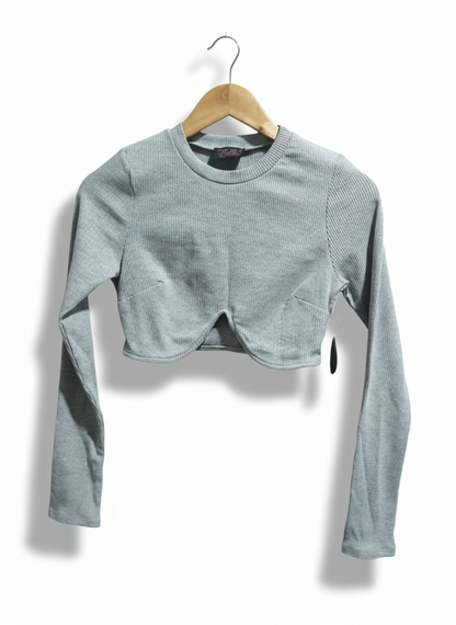 HOT MIAMI STYLE|M|BUST 15|Knit Fabric Curved Hem Cropped Long Sleeve Top