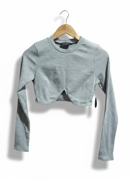 HOT MIAMI STYLE|M|BUST 15|Knit Fabric Curved Hem Cropped Long Sleeve Top