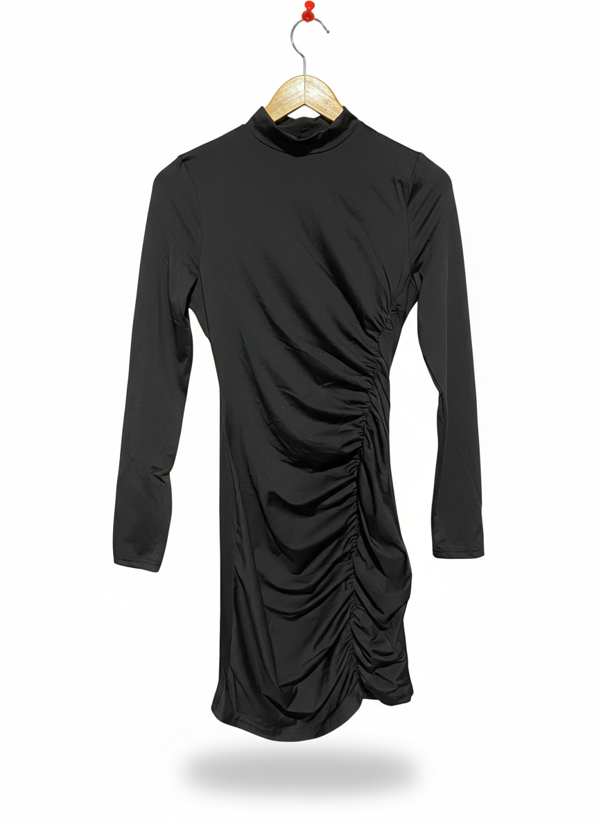 SHEIN |M| BUST 15| BLACK LONG SLEEVE RUCHED MINI DRESS
