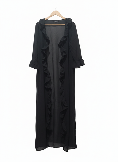 AKASA Black Ruffle Trim Sheer Maxi Kimono Duster
