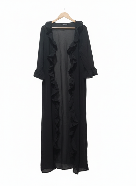AKASA Black Ruffle Trim Sheer Maxi Kimono Duster