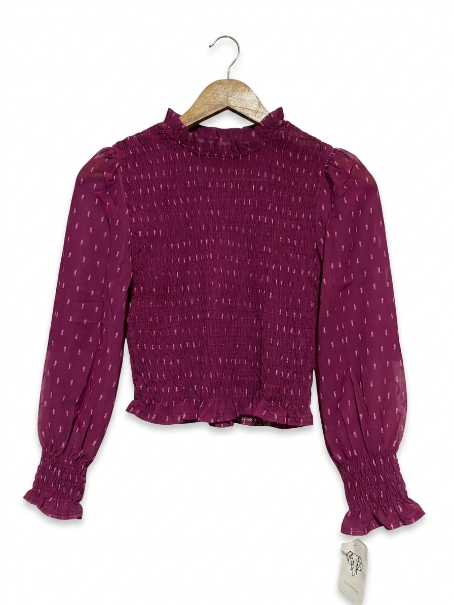 ELEPHANT ROOMS |S| BUST 14| B20| ELEGANT MAGENTA SMOCKED LONG SLEEVE TOP