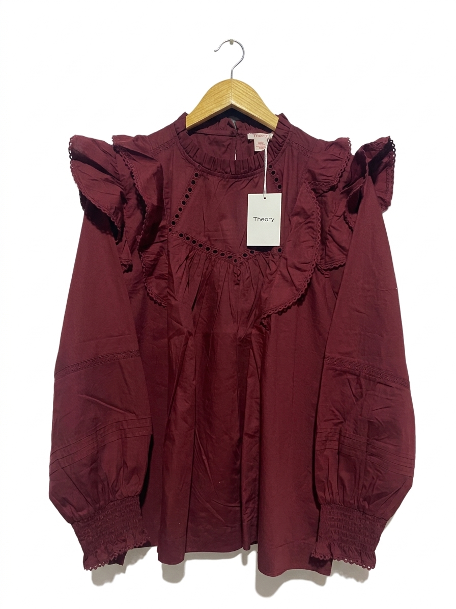 FINERY |M| WAIST 28| B9| THEORY LUXE BURGUNDY RUFFLED BOHEMIAN BLOUSE FOR WOMEN