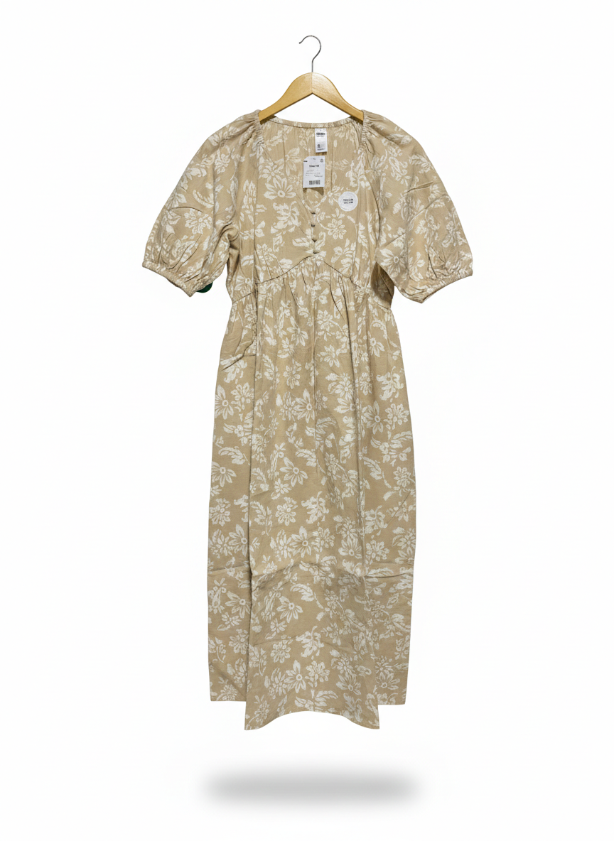 ANKO |L| BUST 18| C5| VINTAGE-INSPIRED FLORAL PUFF SLEEVE MAXI DRESS - EARTHY BEIGE & CREAM