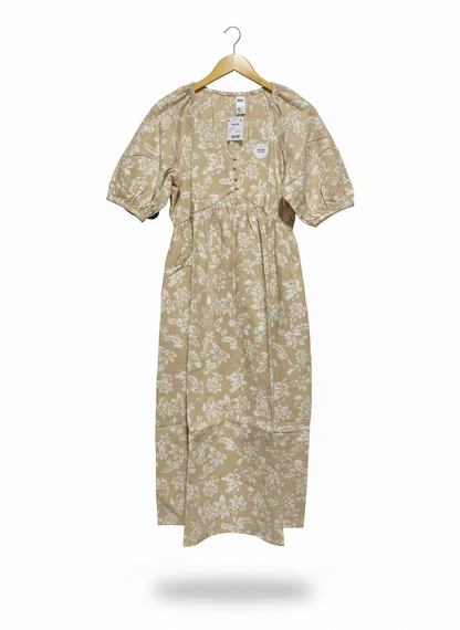 ANKO |L| BUST 18| C5| VINTAGE-INSPIRED FLORAL PUFF SLEEVE MAXI DRESS - EARTHY BEIGE & CREAM